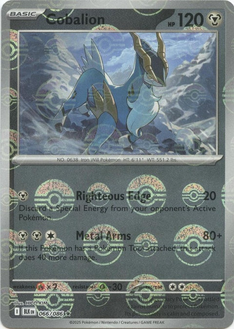 Black Bolt and Cobalion Pokémon cards with a 66 Poke Ball pattern design, featuring vibrant artwork on a single card.