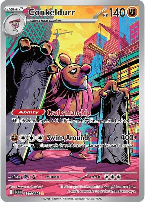 Black Bolt Pokémon card featuring Conkeldurr from the Singles series, showcasing the illustrated Pokémon on the card.