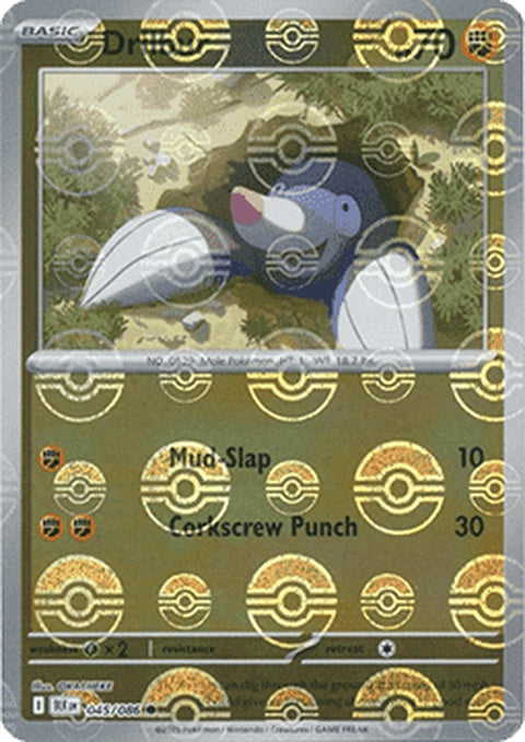 Black Bolt Drilbur Pokémon card with Poke Ball pattern, featuring a 45 HP, in a singles card format.