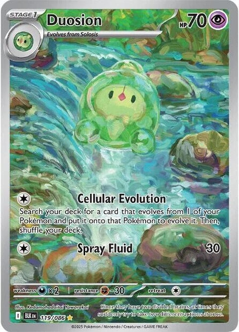 Black Bolt Pokémon card featuring Duosion, from the Singles series, with detailed artwork and card details visible.