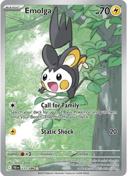 Black Bolt Pokémon Emolga single card, featuring artwork of the Electric/Flying type Pokémon from Pokémon trading card game.