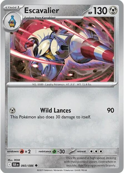 Black Bolt Pokémon Escavalier 60-card from Singles collection, featuring detailed artwork of the armored Bug and Steel type Pokémon.