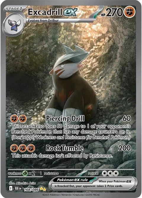 Black Bolt Pokémon card featuring Excadrill Ex, showcasing detailed artwork on a black background, perfect for collectors.