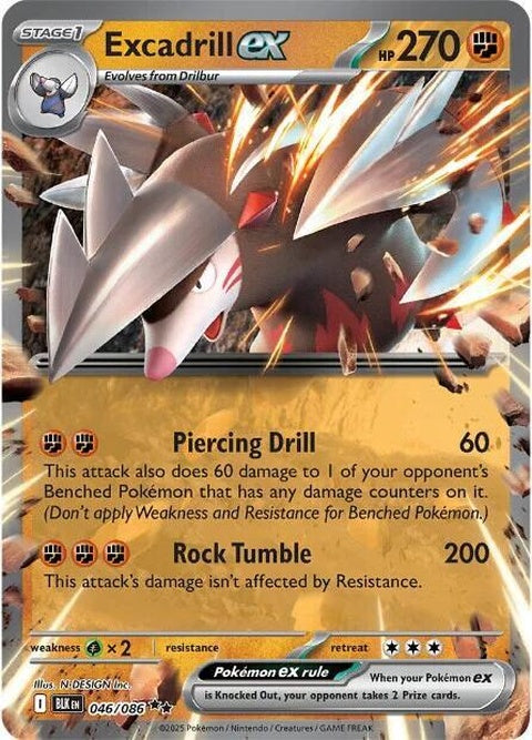 Black Bolt Pokémon card featuring Excadrill Ex, a single trading card with detailed artwork and branding in a protective sleeve.