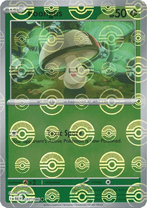 Black Bolt Foongus Pokémon card with Poke Ball pattern, featuring a single card design with vibrant colors and detailed artwork.