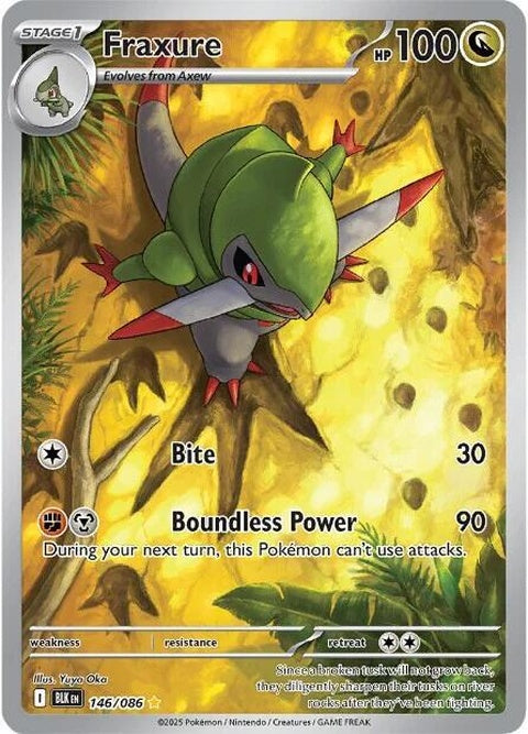 Black Bolt Fraxure Pokémon singles card, featuring artwork of the Dragon-type Pokémon in a dynamic pose.