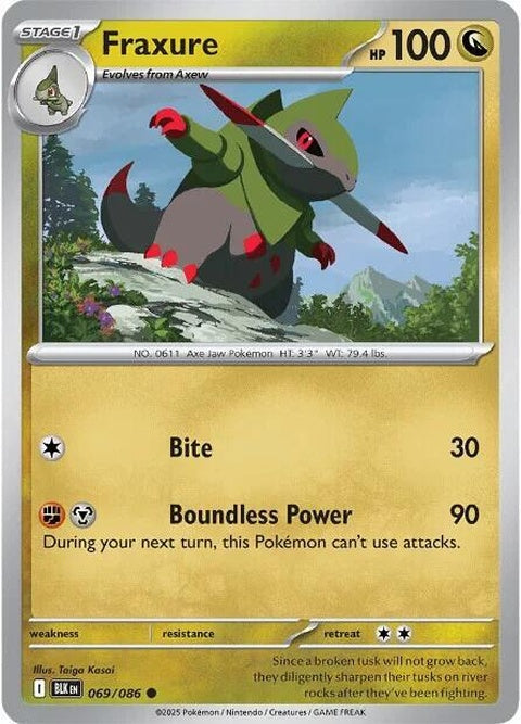 Black Bolt Fraxure Pokémon singles card, featuring detailed illustration of the dragon Pokémon from the Pokémon brand.