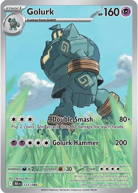 Black Bolt Pokémon card featuring Golurk, a single card from the Pokémon trading card game, with vibrant artwork and details.