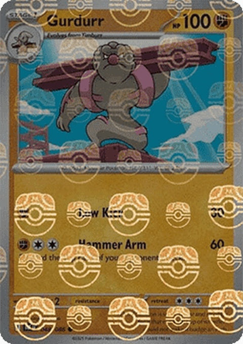 Black Bolt Gurdurr Pokémon card featuring Master Ball pattern, detailed artwork, and vibrant colors on a white background.