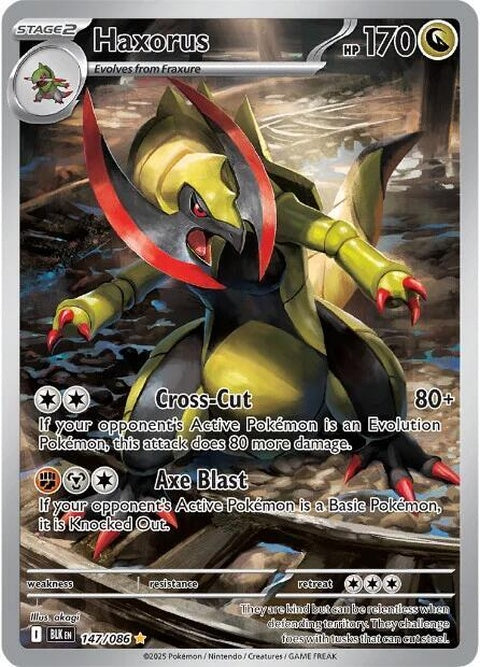 Black Bolt Haxorus Pokémon card from the Singles collection, featuring a dragon-type Pokémon with a sleek black design.
