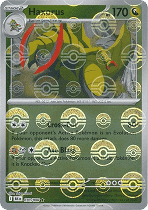 Black Bolt Haxorus Pokémon figure with a 70 Poke Ball pattern, featuring detailed design on a black and colorful background.