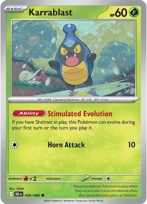 Black Bolt Karrablast Pokémon single card featuring detailed artwork and vibrant colors, brand Pokémon, item number 9.