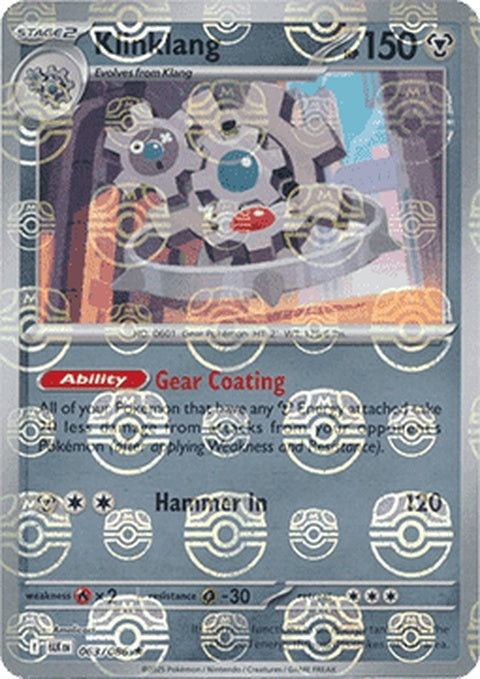 Black Bolt Klinklang Pokémon card featuring a Master Ball pattern, showcasing vibrant artwork and detailed Pokémon design.