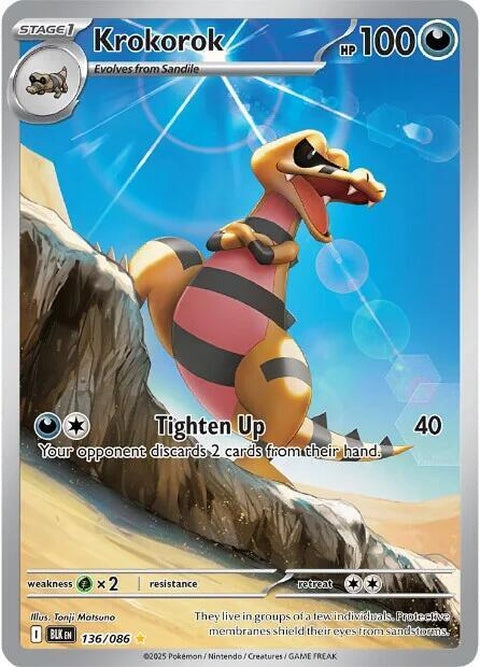 Black Bolt Krokorok Pokémon card featuring artwork of a gray and orange crocodile-like creature with a fierce expression.