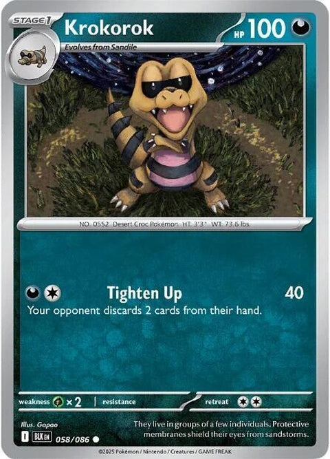 Black Bolt Krokorok Pokémon card from the Singles set, featuring artwork of a fierce dark-type Pokémon.