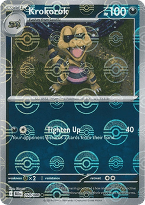 Krokorok Pokémon card featuring Black Bolt with a Poke Ball pattern background, part of the Singles Pokémon trading card set.