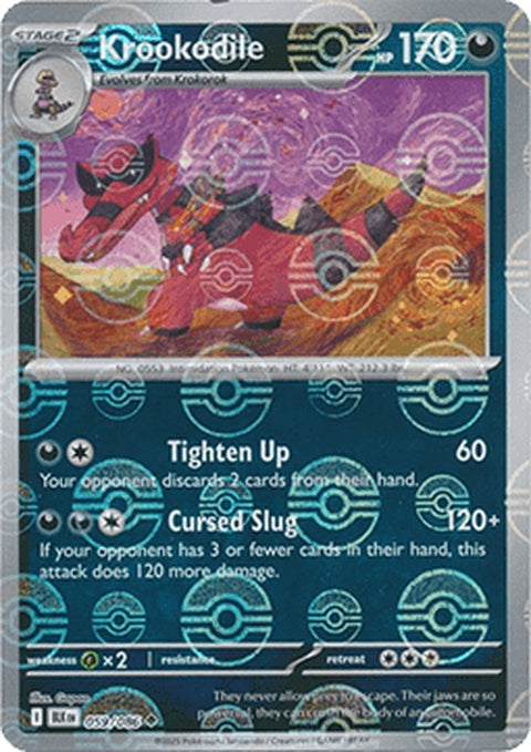Black Bolt Krookodile Pokémon card with Poke Ball pattern, featuring a sleek black and orange design.