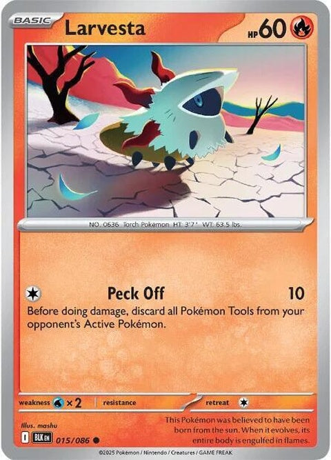 Black Bolt Pokémon card featuring Larvesta from the Singles set, showing vibrant artwork and detailed card design.