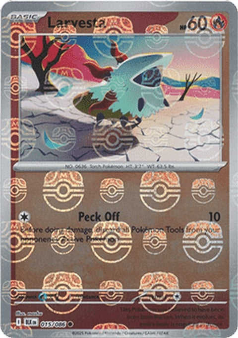 Black Bolt Larvesta Pokémon card with Master Ball pattern, featuring a fiery insect in vibrant colors.