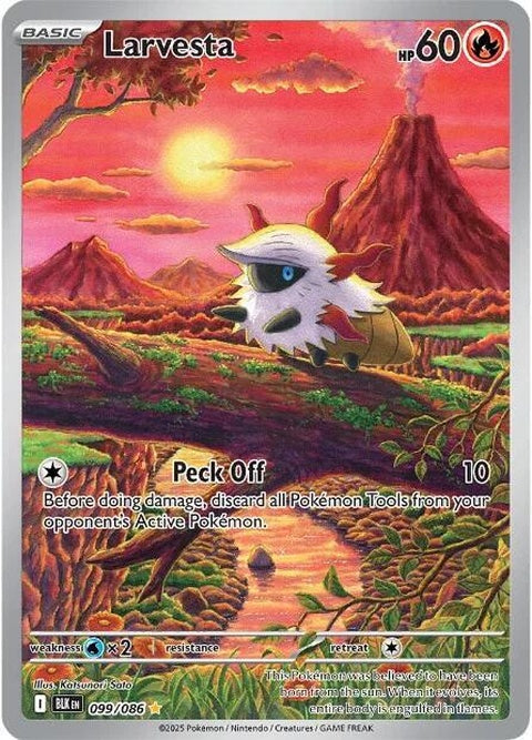 Black Bolt Pokémon card featuring Larvesta, a single card from the Pokémon trading card game, with vibrant artwork and details.