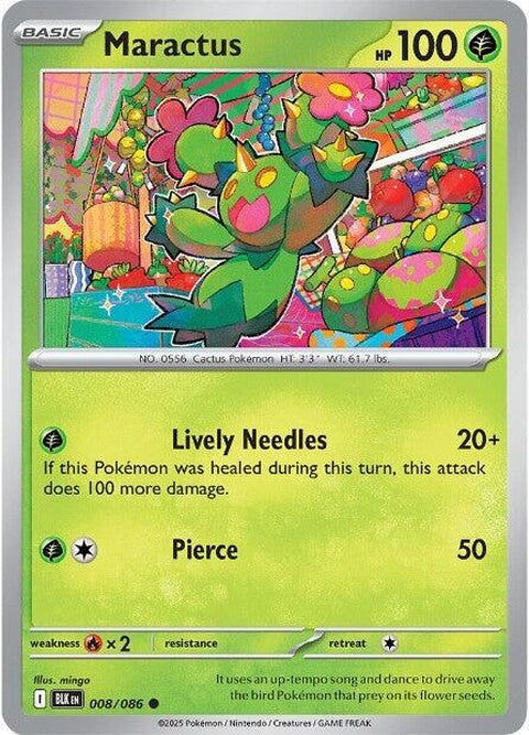 Black Bolt Maractus Pokémon singles card, featuring vibrant artwork of the Grass-type Pokémon in a dynamic pose.