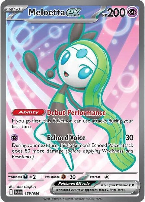 Black Bolt Meloetta-EX Pokémon card from the Singles series, featuring a detailed illustration of Meloetta in black and vibrant colors.