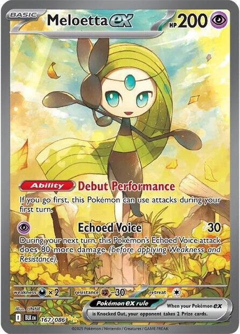 Black Bolt Meloetta-EX Pokémon card from the Singles series, featuring vibrant artwork and detailed design.