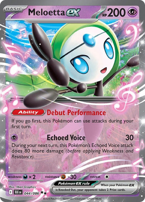 Black Bolt Meloetta-EX Pokémon card from the Singles series, featuring artwork of Meloetta in a dynamic pose.