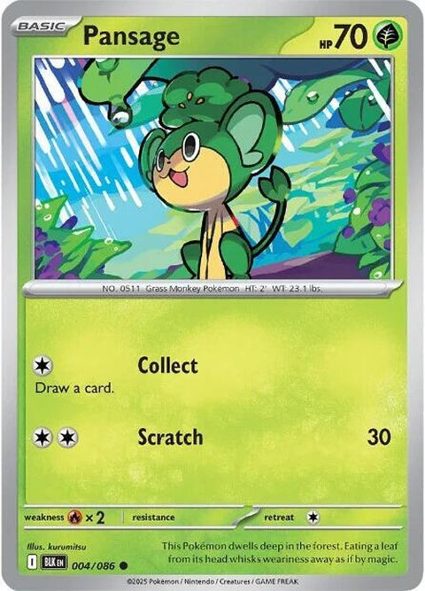 Black Bolt Pansage Pokémon single card, featuring detailed artwork of the Grass-type Pokémon on a black background.