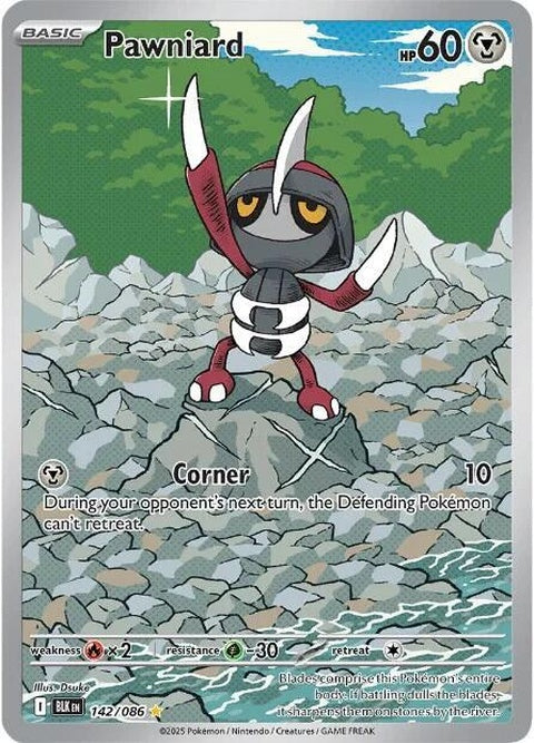 Black Bolt Pokémon card featuring Pawniard, single card from the Pokémon trading card game, with detailed artwork and branding.