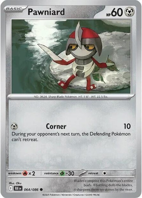 Black Bolt Pokémon card featuring Pawniard, a steel and dark type from the Singles series by Pokémon.