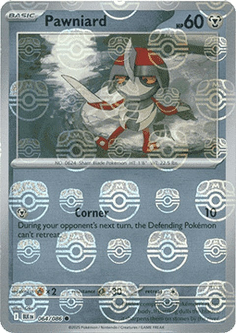 Black Bolt Pokémon card featuring Pawniard with Master Ball pattern, showcasing detailed artwork and vibrant colors.