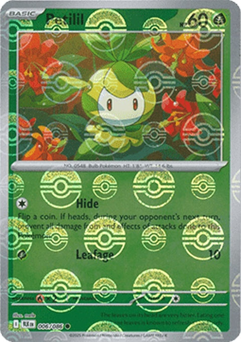 Black Bolt Pokémon Petilil single card with Poke Ball pattern, part of the Pokémon singles collection, featuring colorful design.