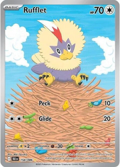 Black Bolt Rufflet Pokémon card from the Singles collection, featuring a black and white illustration of the bird Pokémon.