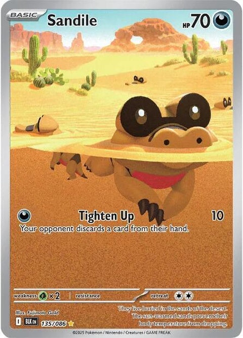 Black Bolt Pokémon Sandile single card, featuring artwork of the Pokémon Sandile from the Pokémon trading card game.