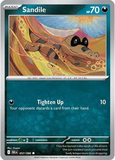Black Bolt Sandile Pokémon single card, featuring a dark-colored Sandile character with vibrant artwork and detailed design.