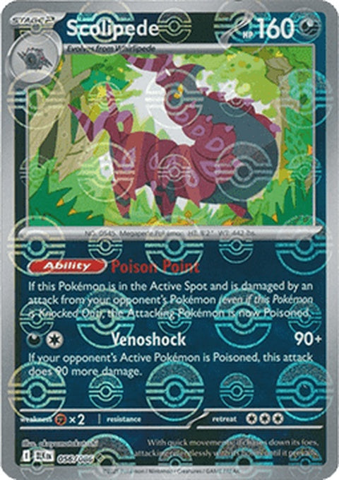 Black Bolt Scolipede Pokémon card with Poke Ball pattern, featuring a black and red design and detailed artwork.