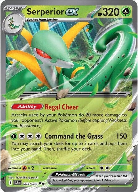 Black Bolt Pokémon Serperior EX card from Singles set, featuring detailed illustration of the serpent Pokémon.