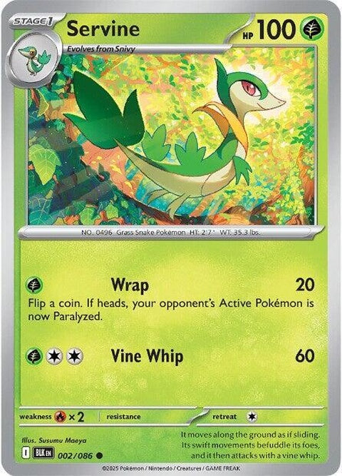 Black Bolt Servine Pokémon card from the Singles collection, featuring a green and white design with character artwork.