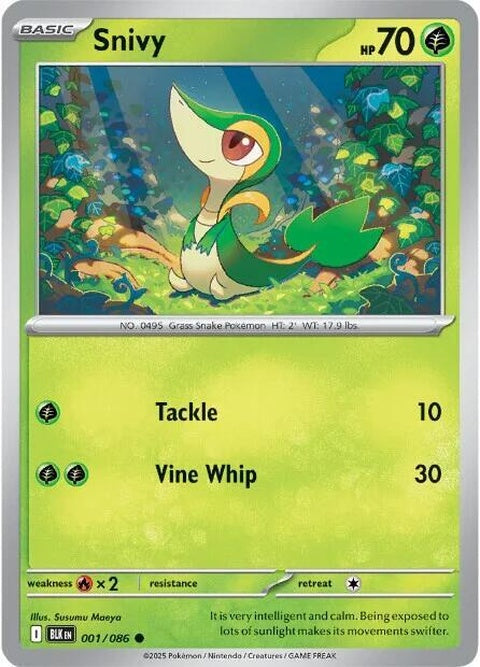 Black Bolt Snivy Pokémon single card from the Pokémon brand, featuring the green snake-like Pokémon on a vibrant background.