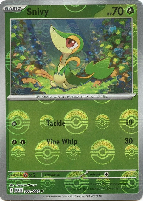 Black Bolt Snivy Pokémon card with Poke Ball pattern, featuring a single Pokémon collectible from the Pokémon brand.
