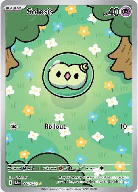 Black Bolt Solosis Pokémon trading card from the Singles series, featuring the Pokémon on a colorful background.