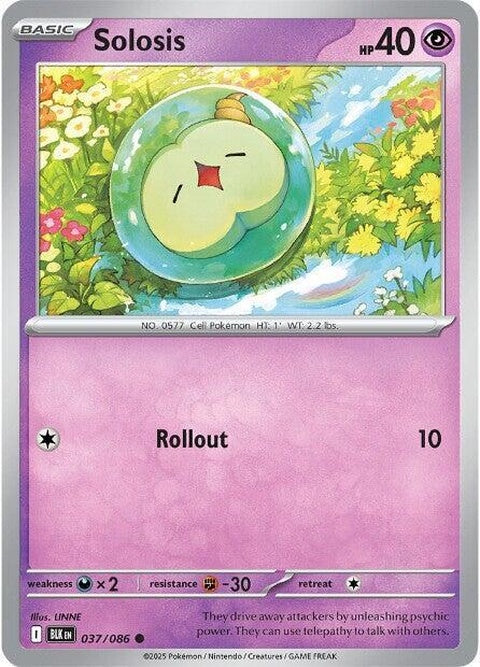 Black Bolt Solosis Pokémon card from the Singles collection, featuring artwork of a green and white Pokémon with black accents.