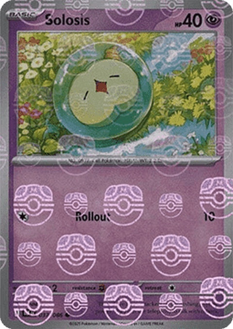 Black Bolt Solosis Pokémon card with Poke Ball pattern and artwork, featuring a Pokémon character in a vibrant, detailed design.