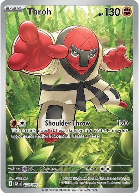 Black Bolt Throh Pokémon figure, single card from the Pokémon brand, showing a detailed black and red Throh character.