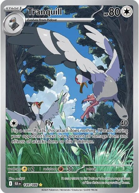 Black Bolt Pokémon Tranquill single card featuring a bird Pokémon in a natural pose, detailed artwork on a black background.