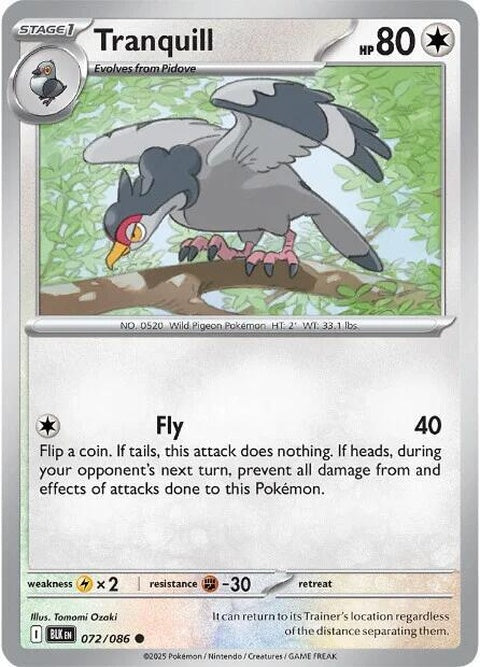 Black Bolt Tranquill Pokémon singles card, featuring a blue and white bird Pokémon with a sleek design, on a plain background.