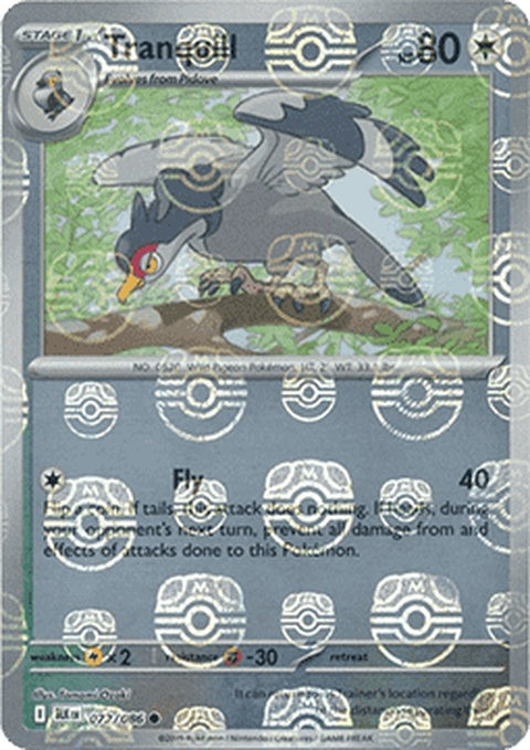 Black Bolt Tranquill Pokémon card featuring a master ball pattern, showcasing a black and white design with detailed artwork.