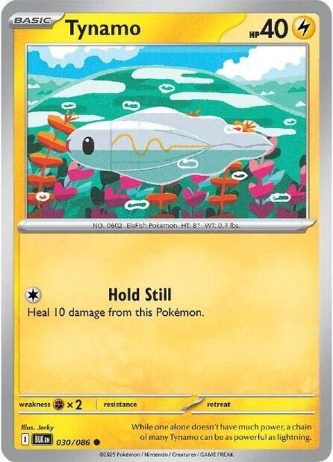 Black Bolt Pokémon Tynamo single card, 30 HP, from the Pokémon Trading Card Game series, featuring black and yellow design.