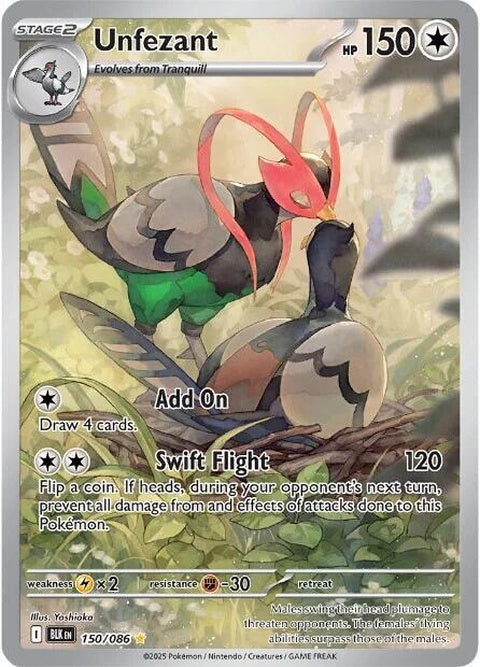 Black Bolt Unfezant Pokémon card, showing detailed illustration of the bird Pokémon in a dynamic pose.